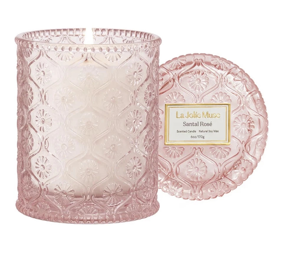 La Jolie Muse Santal Rosé Scented Soy Wax Candle Pink Glass Jar 6 oz 40hr