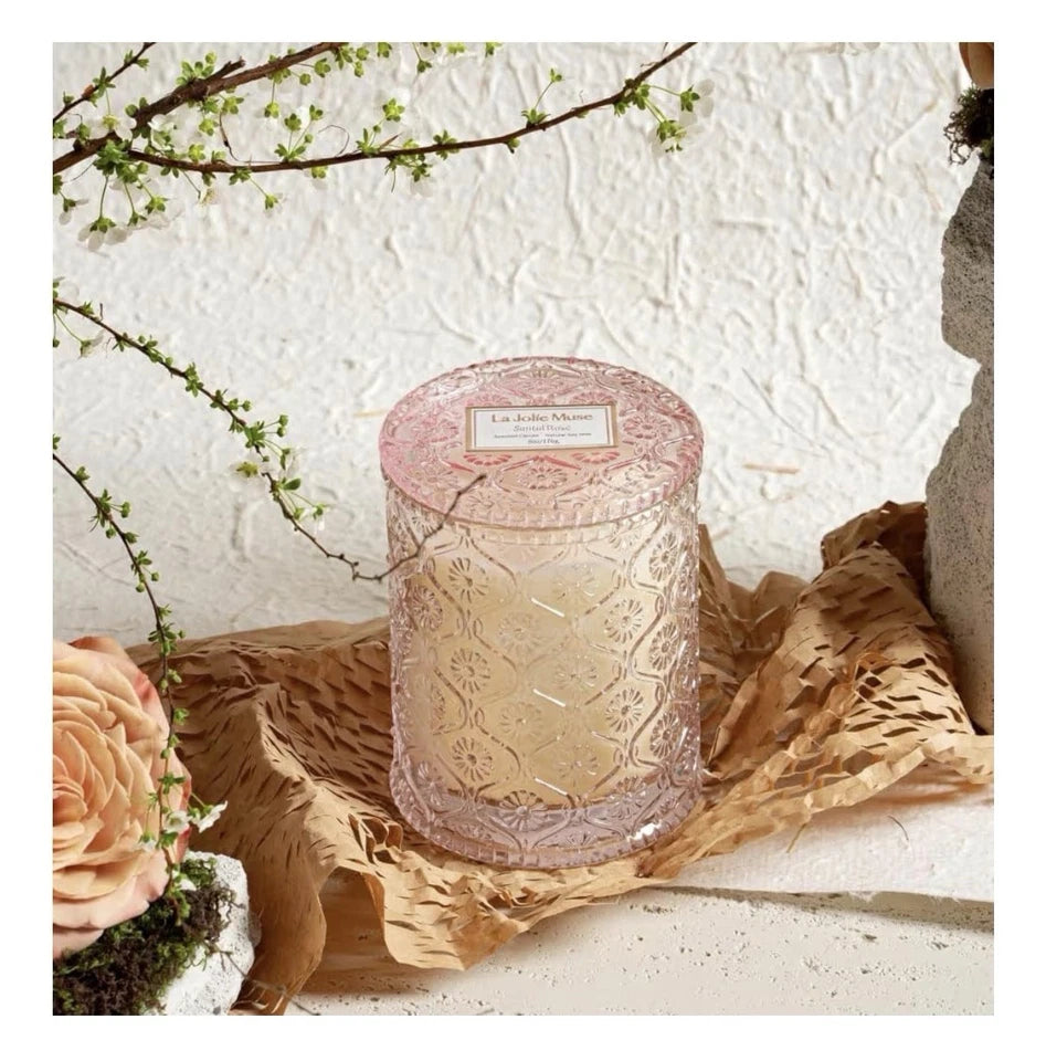 La Jolie Muse Santal Rosé Scented Soy Wax Candle Pink Glass Jar 6 oz 40hr